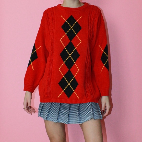 VTG 80s/90s Jantzen Red/Black Argyle Chunky Knit Crewneck Fisherman Sweater - Picture 2 of 12